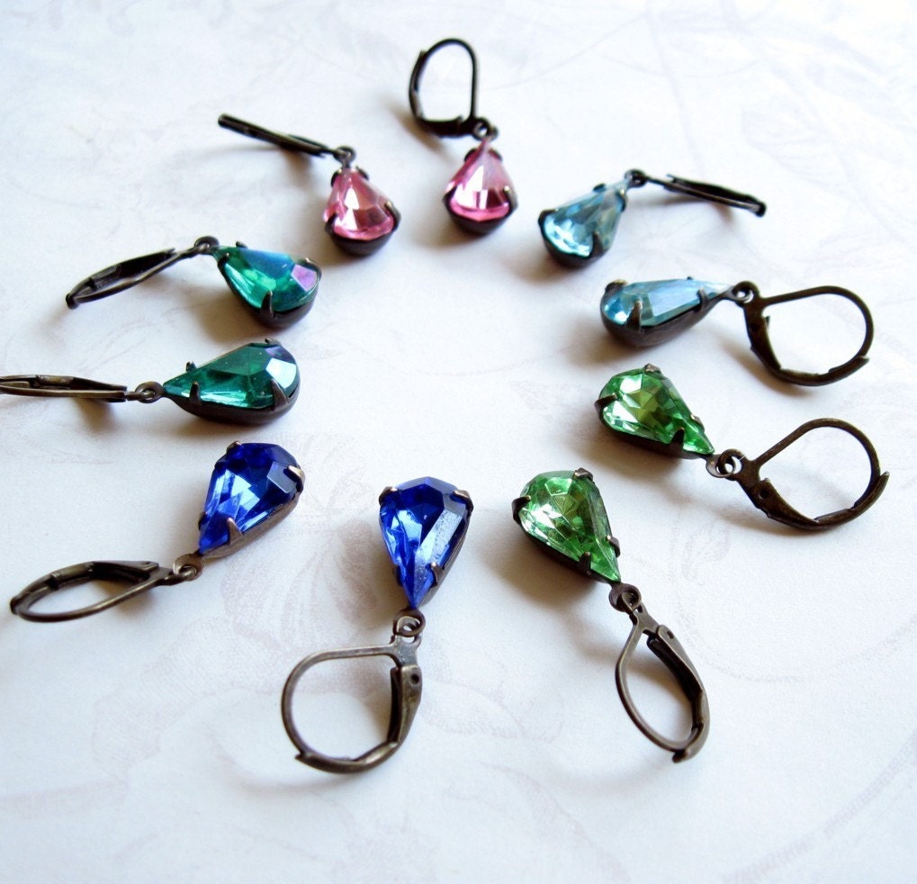 Sapphire Blue Teardrop Rhinestone Glass Jeweled Earrings Shabby Chic Cottage Style Mothers Day Outdoor Wedding Garden