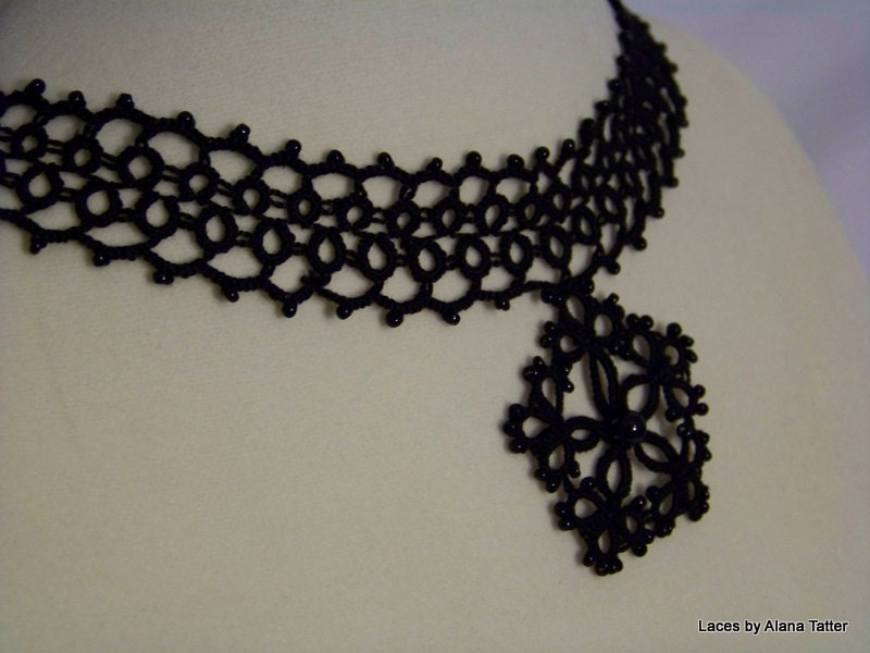 Celtic Knot Jet Black Tatted Necklace and Swarovski Pearl and glass beads