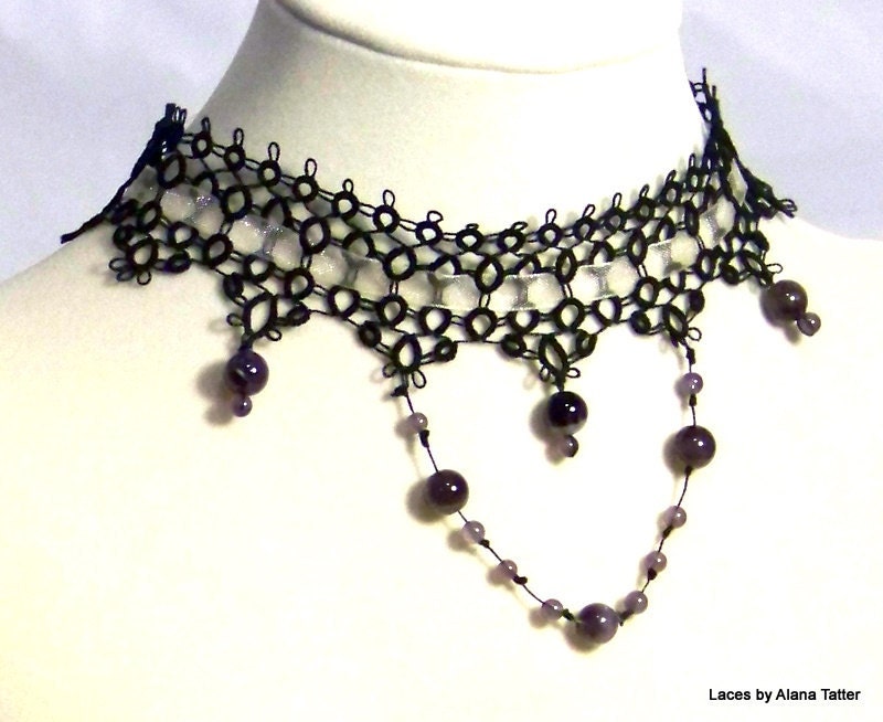 Statement Black Tatted Lace Choker with genuine Amethysts - OOAK