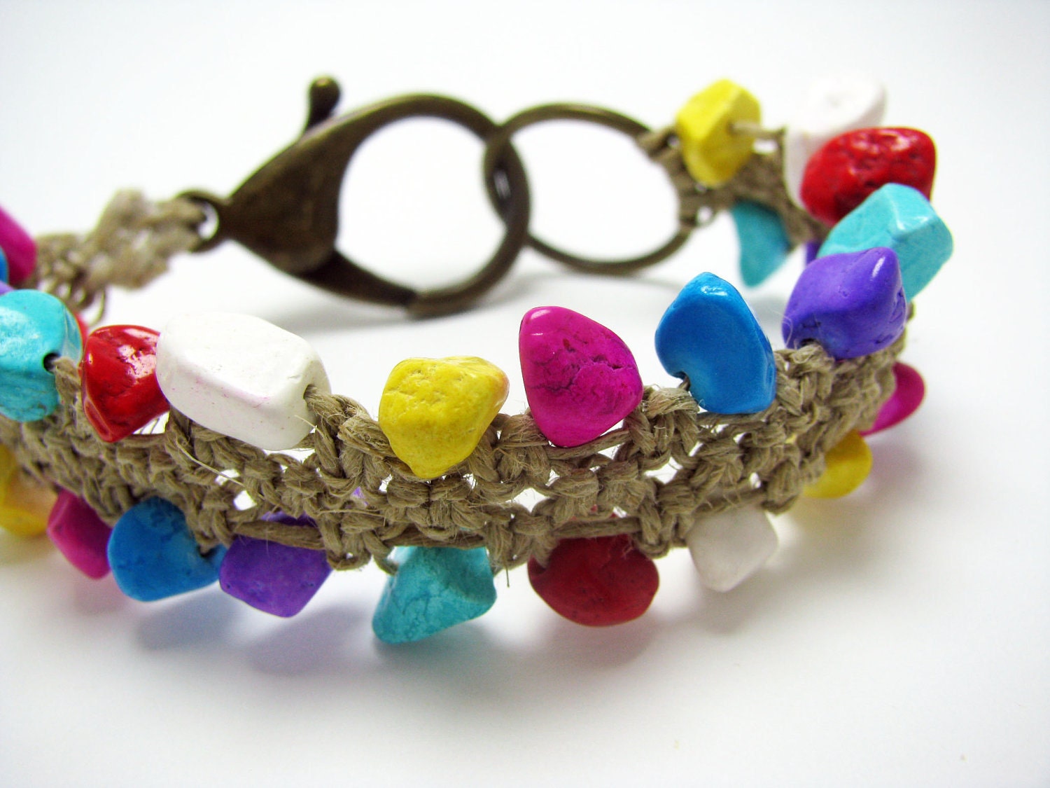 Hemp Macrame Bracelet Cuff with Bright Turquoise Beads and Large Lobster Clasp