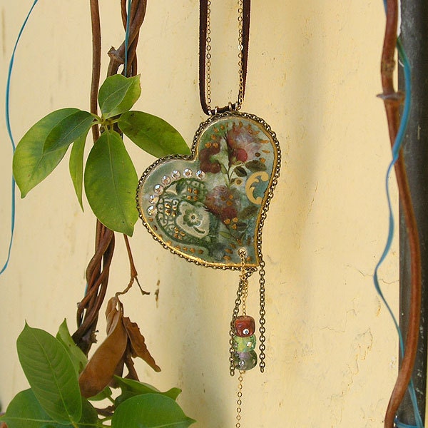 Ceramic Pendant Necklace, Handmade Heart Shape Pendant, Green Teal  Vintage Style Ceramic OOAK, Lampwork Beads