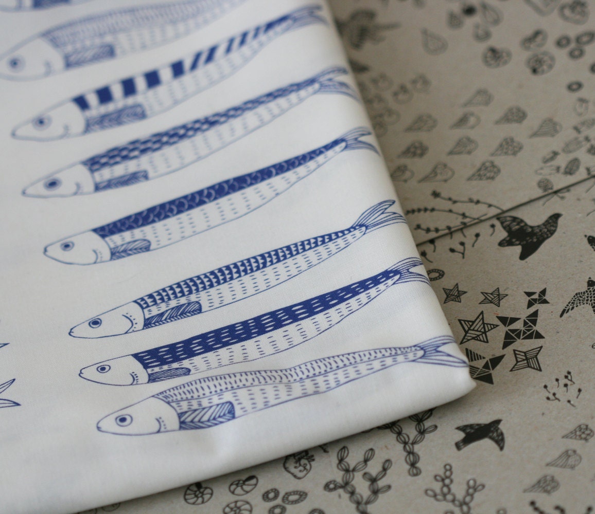 Hello Sardines Fabric - Blue on White - Half Yard