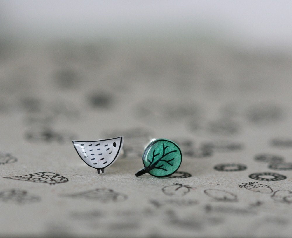 Little Bird Little Tree - Earring Studs - White