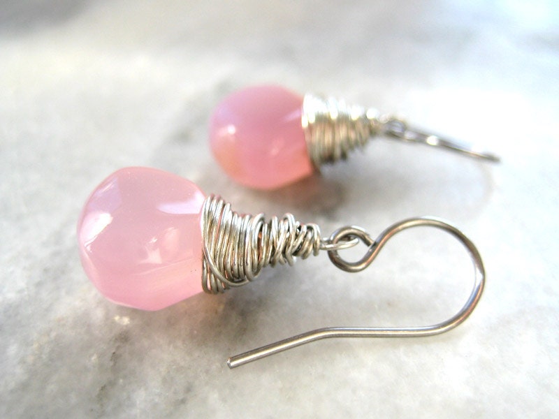 Pink Gemstone Earrings - small and dainty, simple silver wire wrapped pink drop stone - Pink Chalcedony