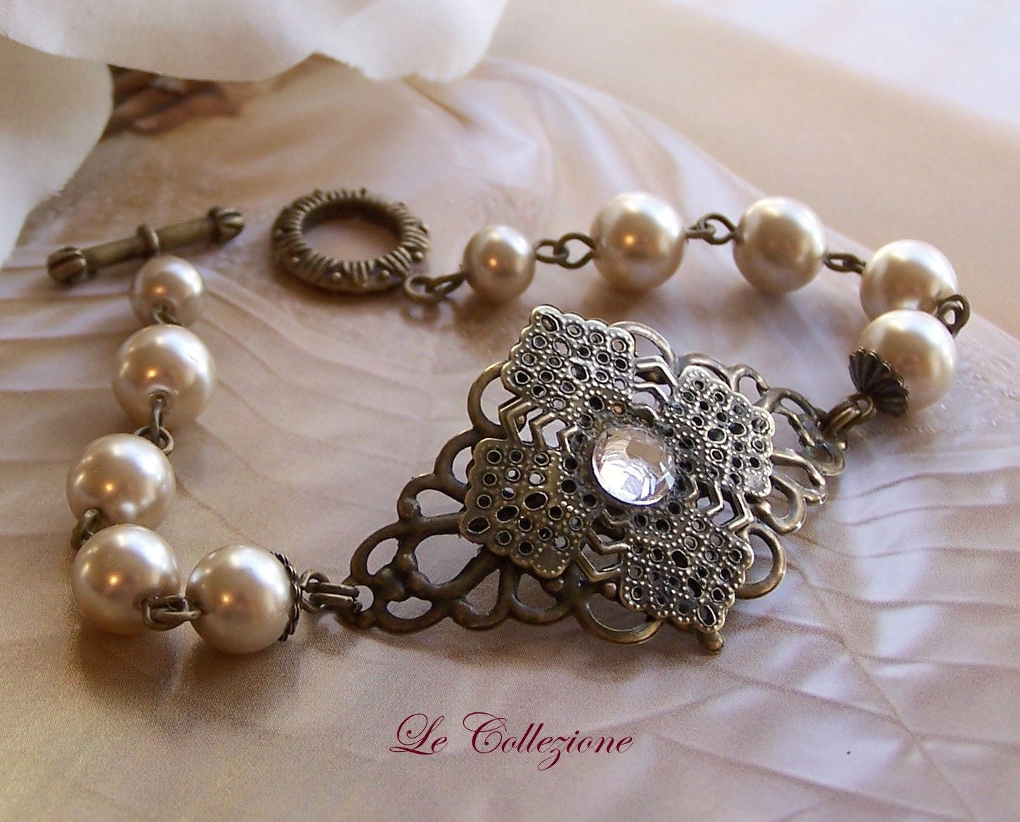 Old Fashioned Glamour-Ivory Glass Pearl/Swarovski Crystal and Antiqued Brass Filigree Bracelet-Ref-9732