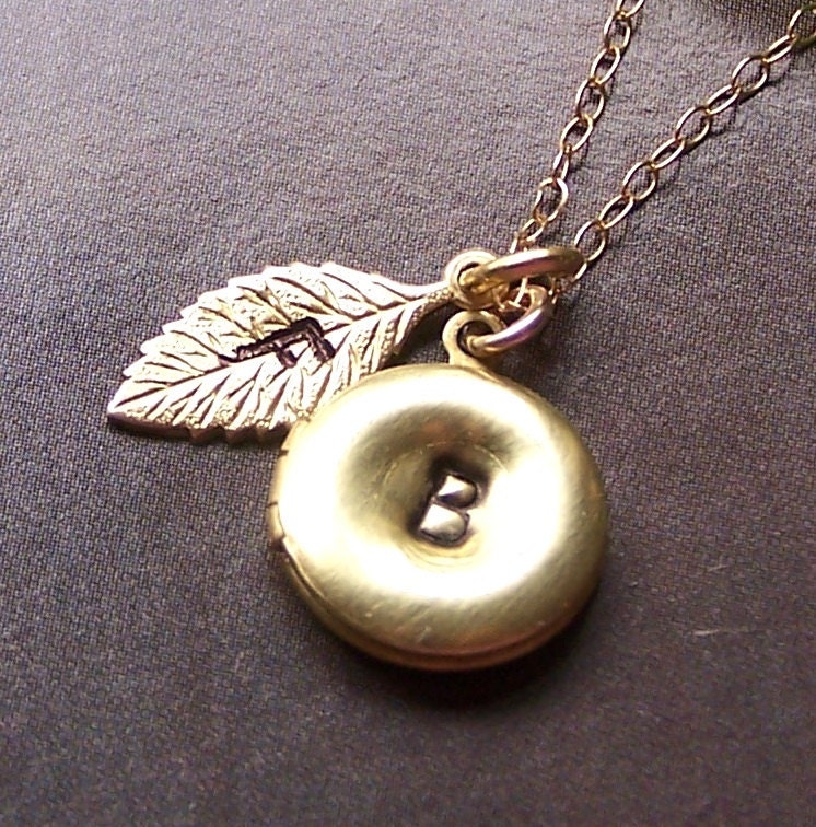 Custom Monogram Necklace - 14k Gold Filled, Brass Locket and Leaf Initial Stamped Charm - 1031