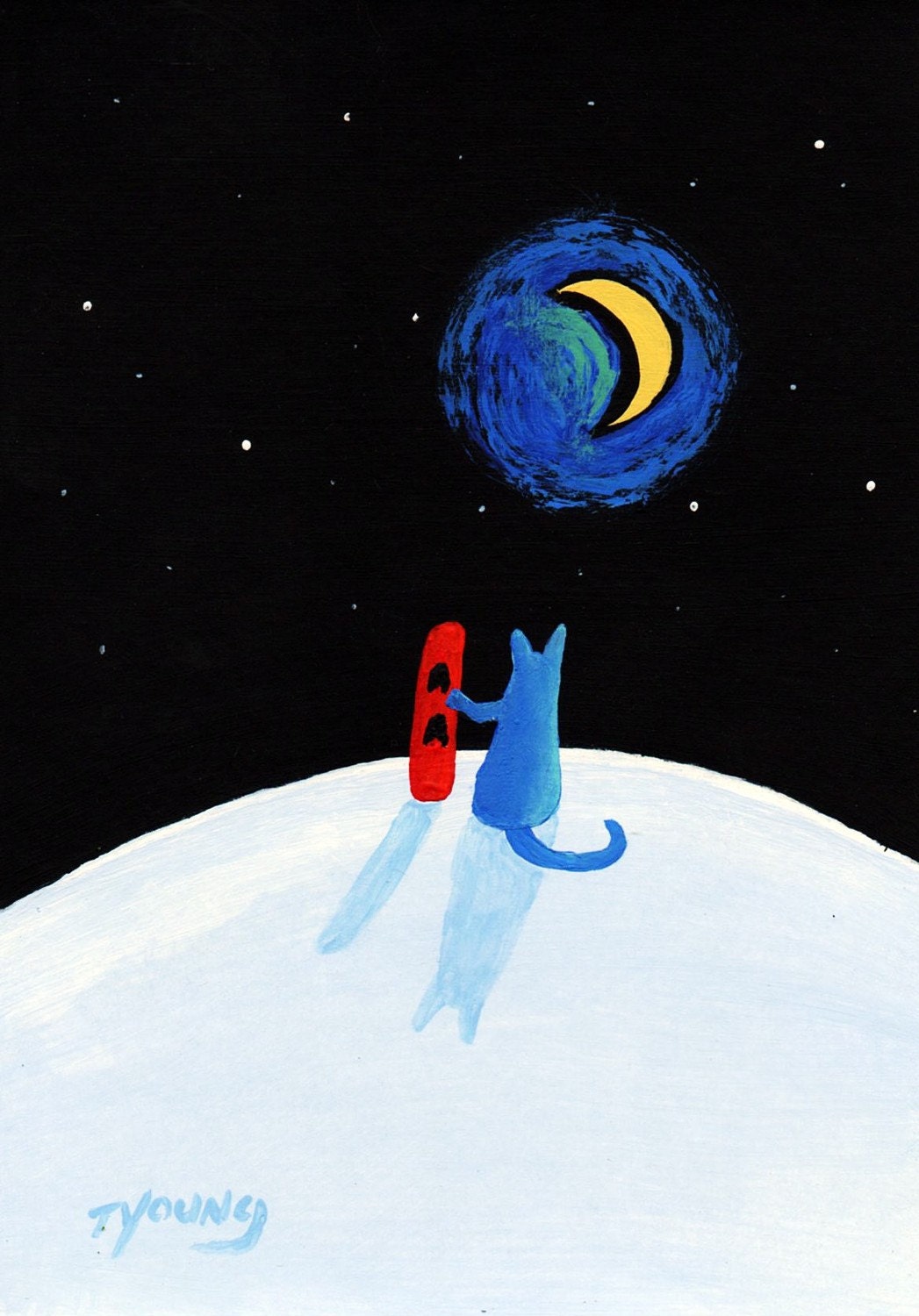 Russian Blue Cat Snowboard Folk art LARGE print of Todd Young painting The Hill