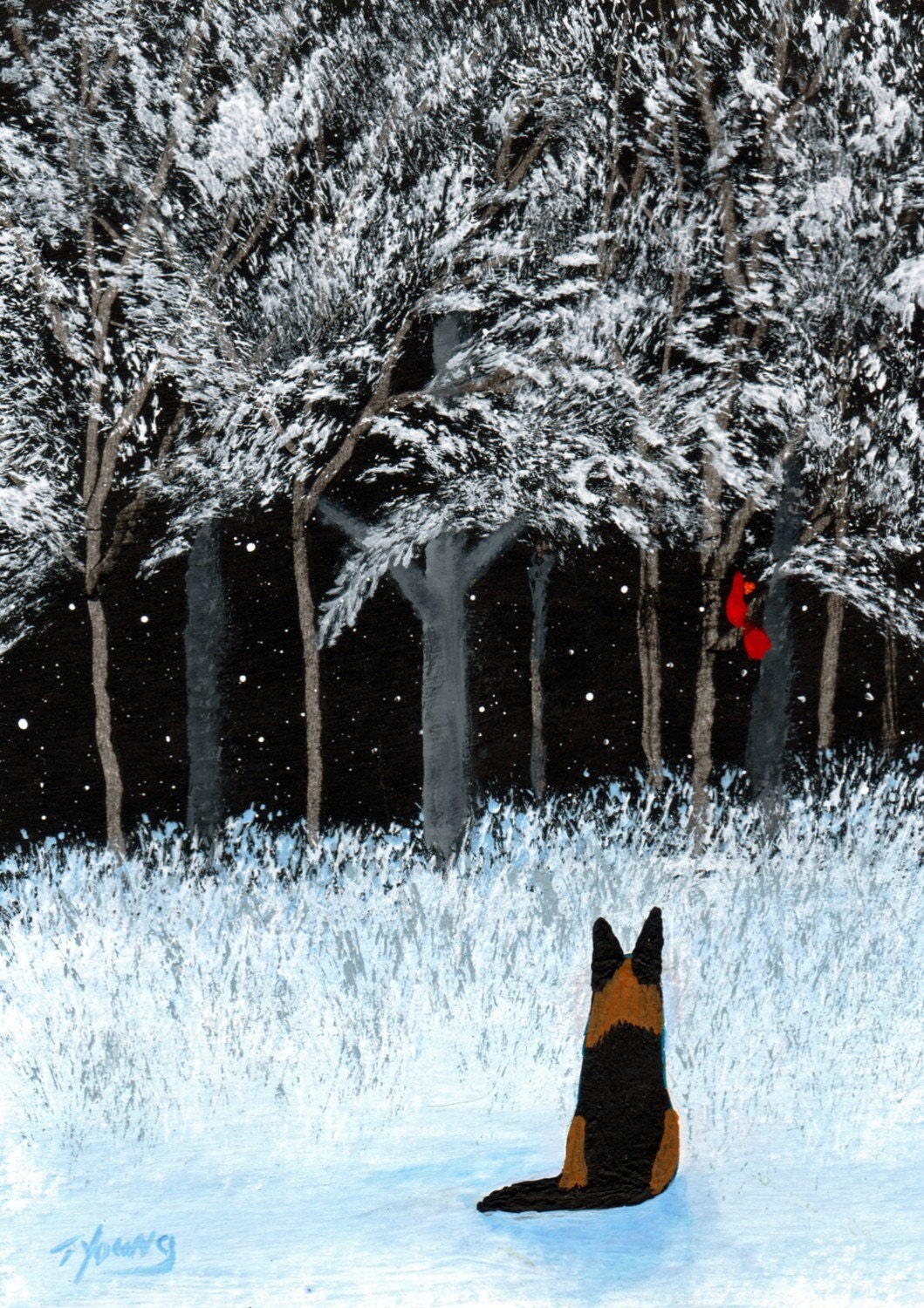 German Shepherd Dog LARGE Folk art print by Todd Young WINTER CARDINAL