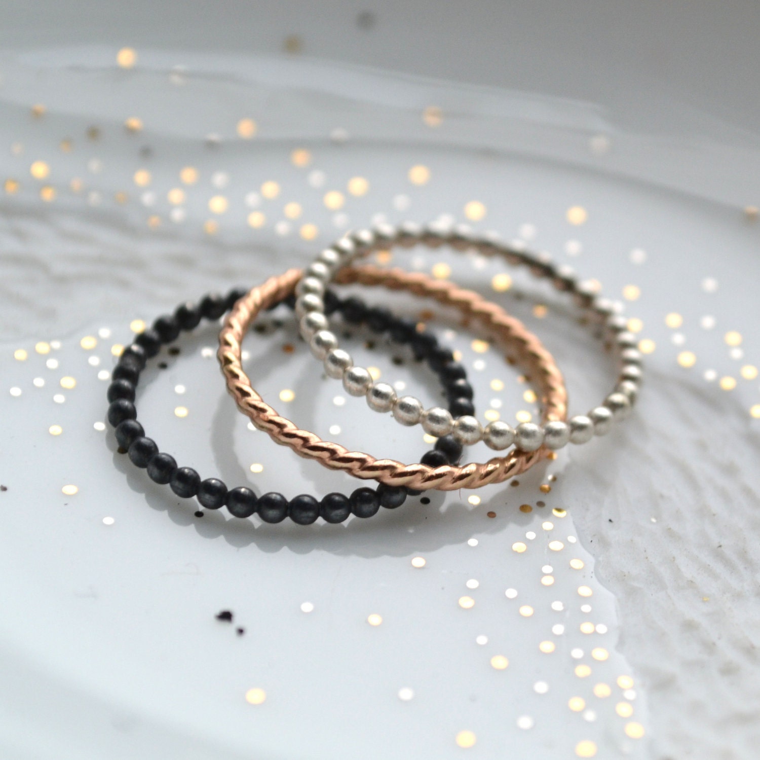 Trio of colors stacking rings, silver and 14k gold filled bands,