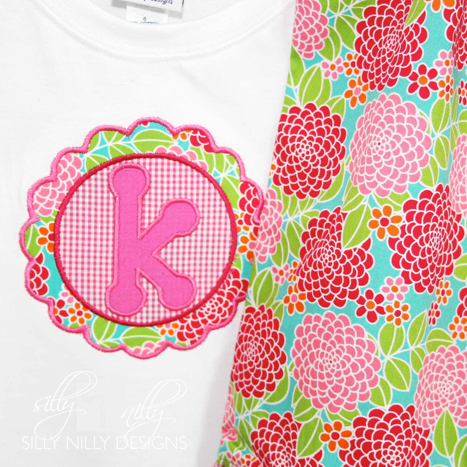 Size 18m, 2, 4, 6, 8, 10, 12 Girl Flower Scallop Personalized Applique short sleeve shirt by Silly Nilly