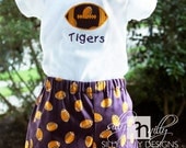 LSU inspired tiger spirit wear onesie with elastic shorts set sizes 3 months to 18 months for the boys