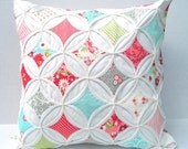 Decorative Pillow Cover Cathedral Window Cottage Style Red Aqua Ruby 18 Inch