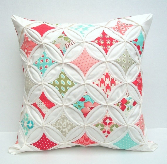 Decorative Pillow Cover Cathedral Window Cottage Style Modern Vintage Red Aqua  18 Inch