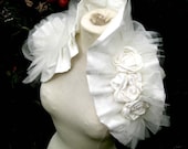 French Vanilla Wrap - Ruffled Vintage Inspired Ivory Silk and Tulle Shrug with handmade Corsage Flowers