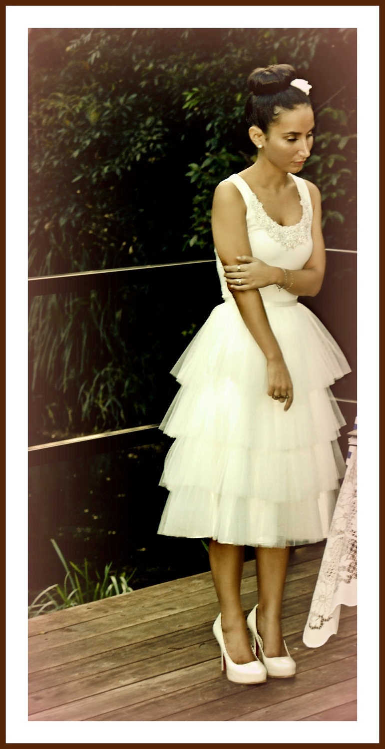 Tea Party Bridal Skirt - Tea Length Tiered Ivory Tulle Bridal Skirt Tutu Vintage Inspired Wedding