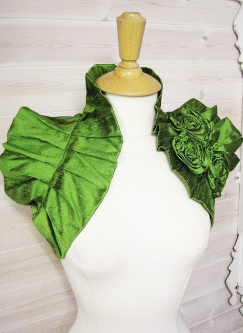 Victoriana Wrap - Parrot Green Dupioni Raw Silk Wrap Ruffled Shrug with Handmade Corsage Flower Detail Vintage Inspired