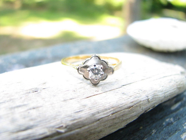 RESERVED for Max - Art Deco 18K Gold and Platinum Diamond Ring - English - Free Shipping