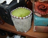 Victorian inspired Pin Cushion made from Eland hide, green velvet, and glass beads One of a Kind