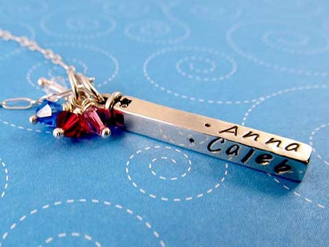 Personalized Necklace, Sterling Silver Bar with Birthstones, Custom Swivel Bar, Sterling Silver Handstamped Mom Necklace