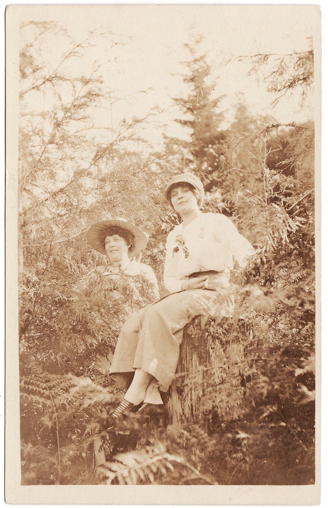 Nature Walk - Vintage Real Photo Postcard of two awesome looking gals in nature