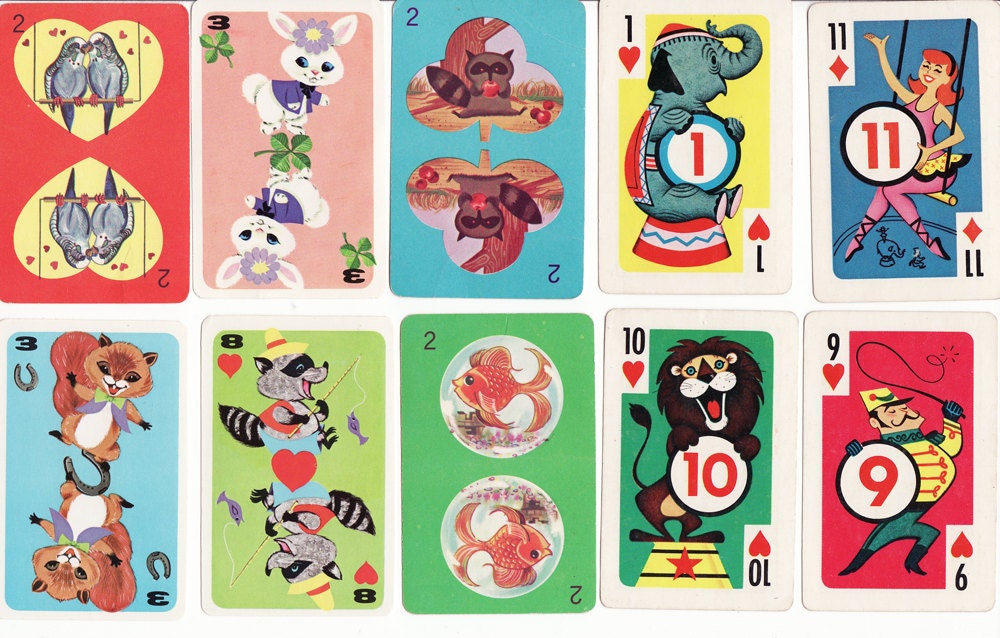 Lot of 10 Vintage Flashcards. Bunny, Raccoon, Elephant, Birds, Squirrel
