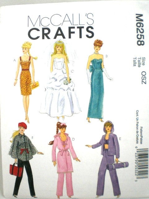 Barbie Clothes Pattern McCalls 6258 Dress, Wedding Gown, Evening Wear, Yoga Uncut