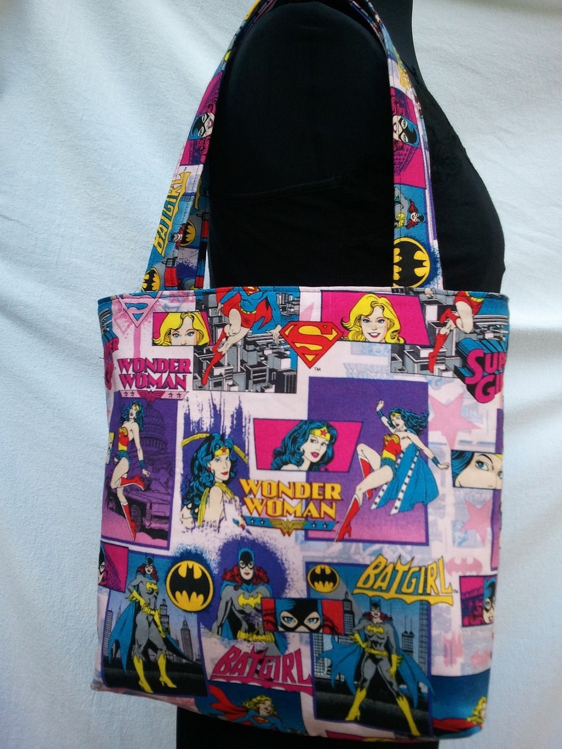 Reversible Tote Purse Bag Made From Girl Power Fabric - Supergirl, Batgirl, Wonder Woman