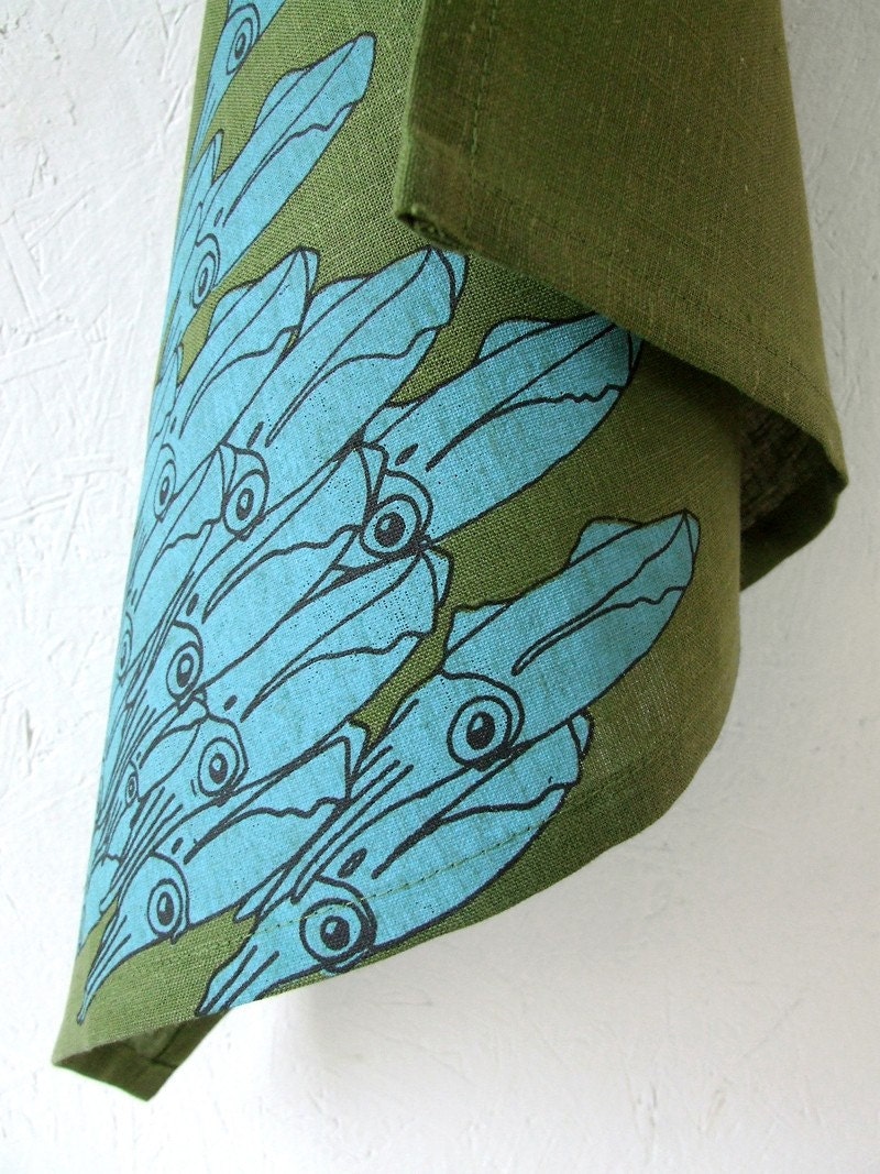 Squid Linens - one tea towel, blue on green
