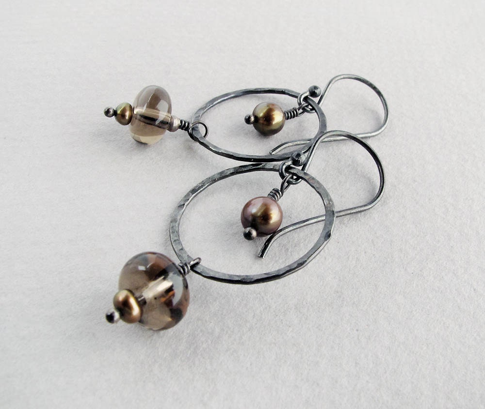 brown earrings smoky quartz earrings pearl earrings dangle earrings rustic earrings boho earrings silver earrings simple earrings CIJ - SharonClancyDesigns
