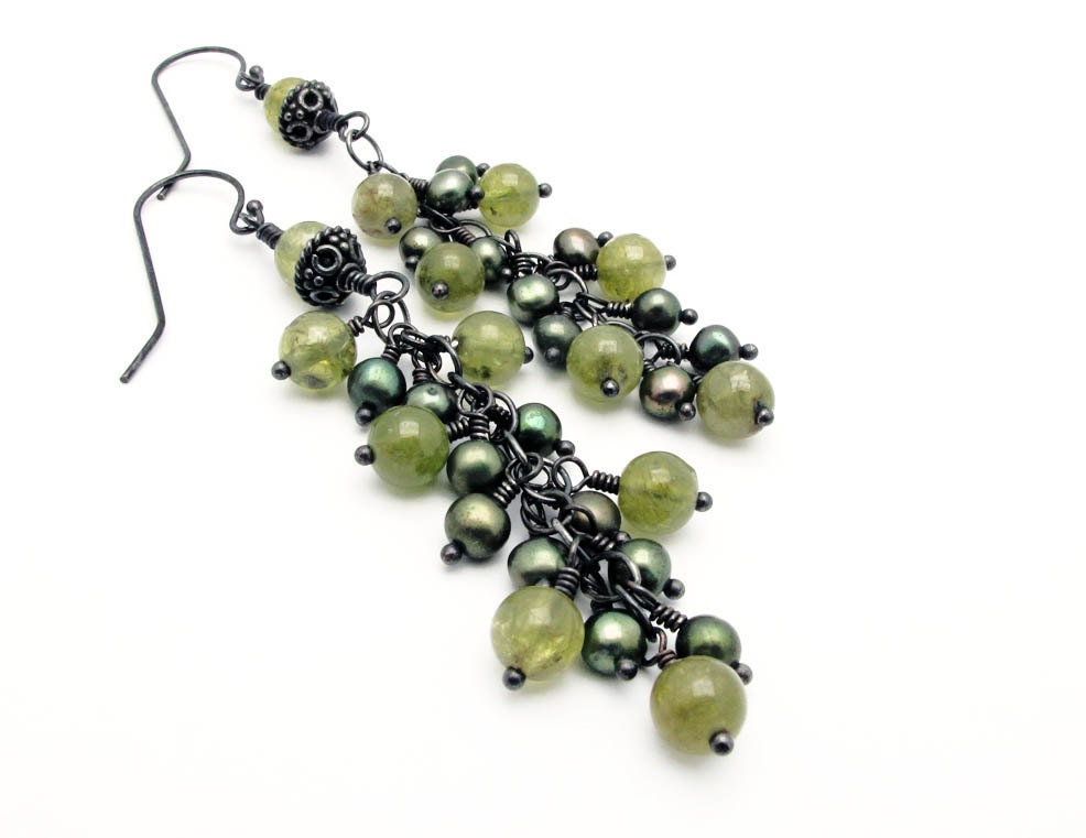 green garnet earrings green pearl earrings green garnet earrings dangle earrings pearl cluster earrings autumn wedding bride jewelry - SharonClancyDesigns
