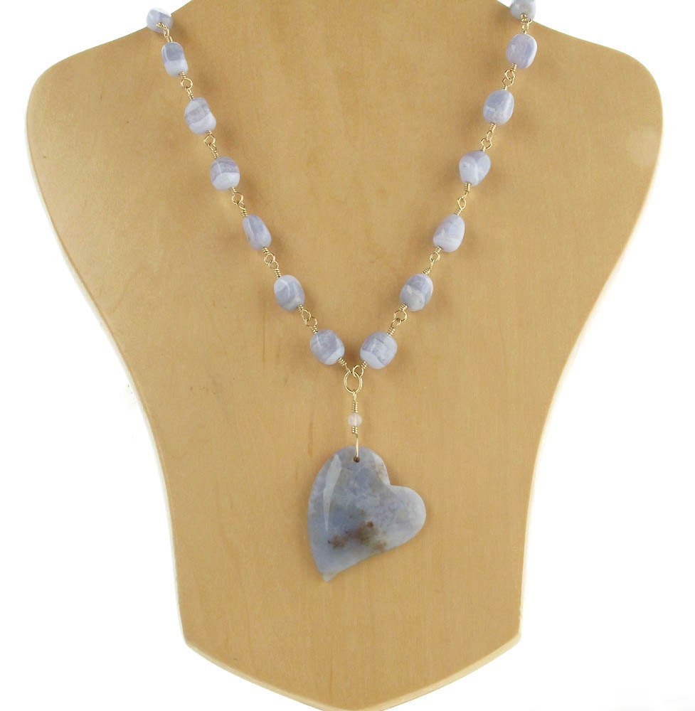 blue stone necklace heart shaped pendant blue lace agate necklace gold necklace statement necklace bride necklace wedding necklace
