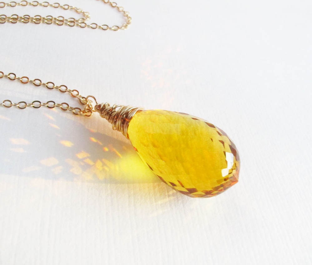 citrine briolette gold necklace, faceted AAA gemstone pendant necklace holiday christmas theteam