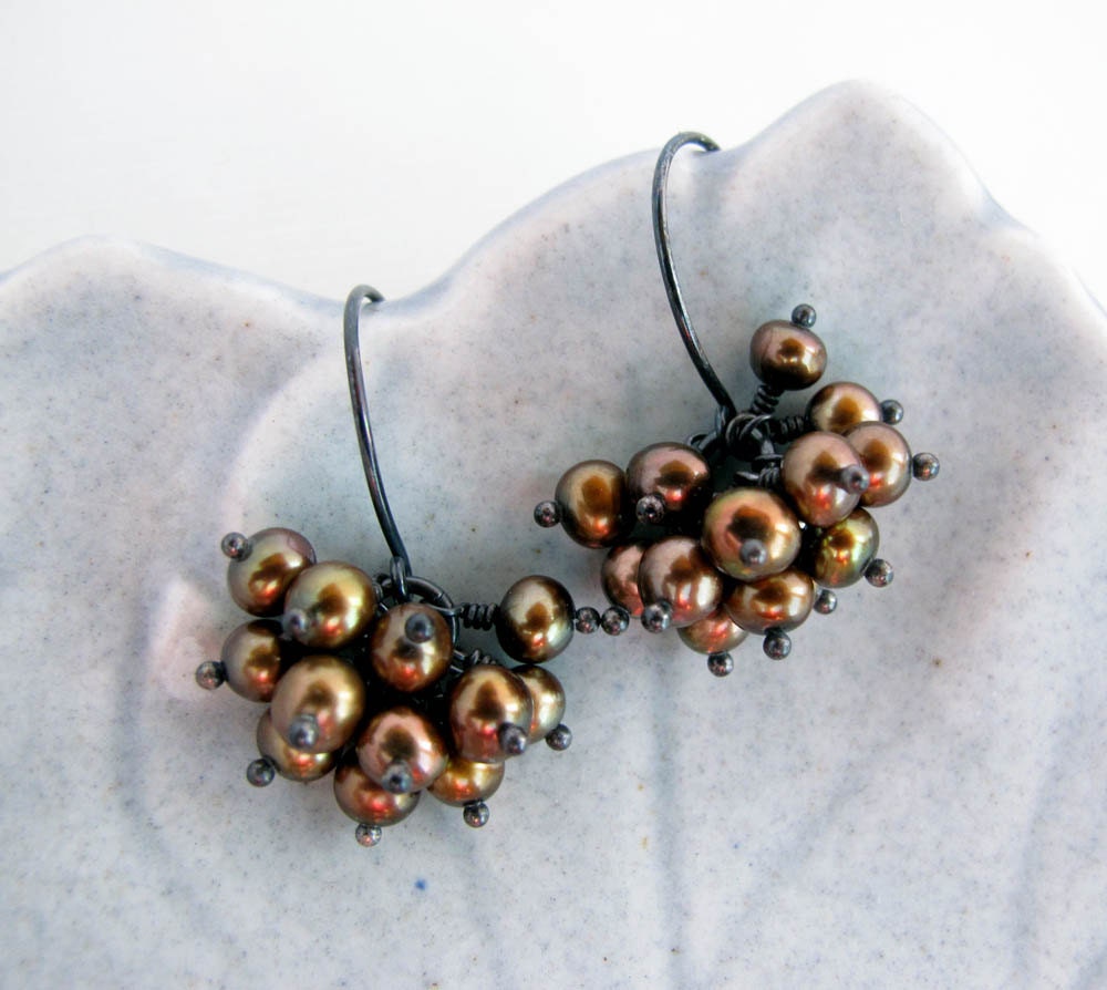 brown pearl earrings copper pearl earrings pearl cluster earrings June birthstone earrings fresh water pearl earrings brown earrings