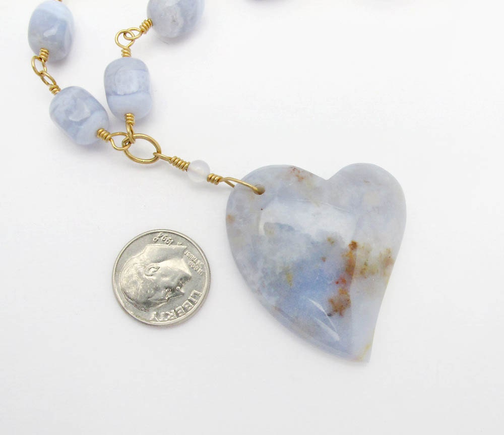 blue stone necklace heart shaped pendant blue lace agate necklace gold necklace statement necklace bride necklace wedding necklace