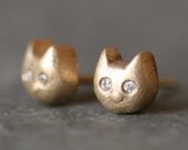 Baby Kitten Stud Earrings With Diamonds in 14K Gold
