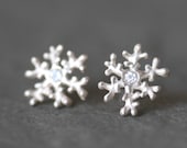 Snowflake Stud Earrings in Stering Silver and White Sapphire