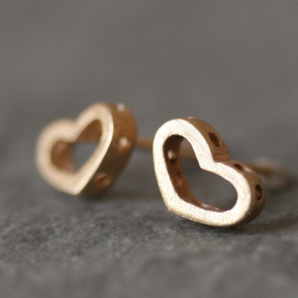 Open Heart Stud Earrings with Holes in 14k Gold