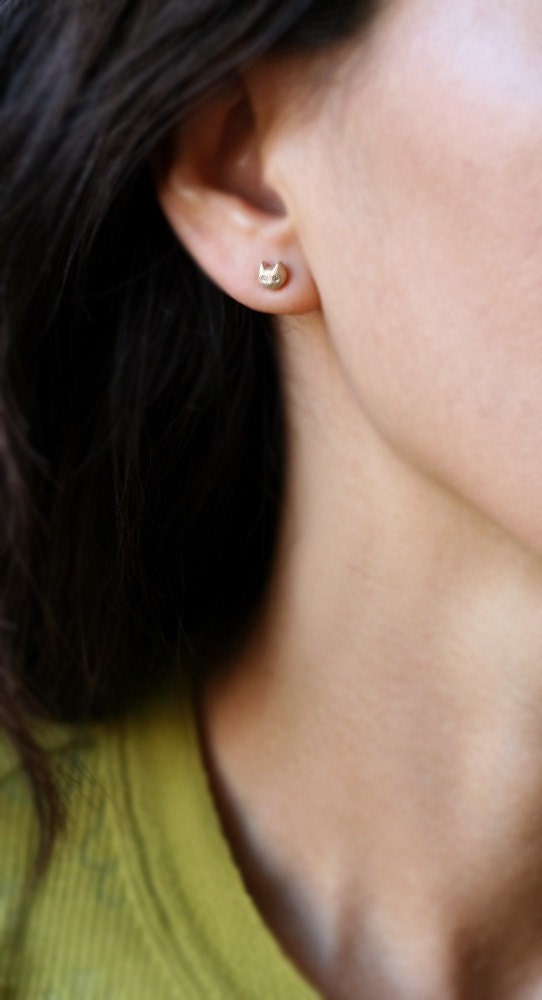 Baby Kitten Stud Earrings With Diamonds in 14K Gold