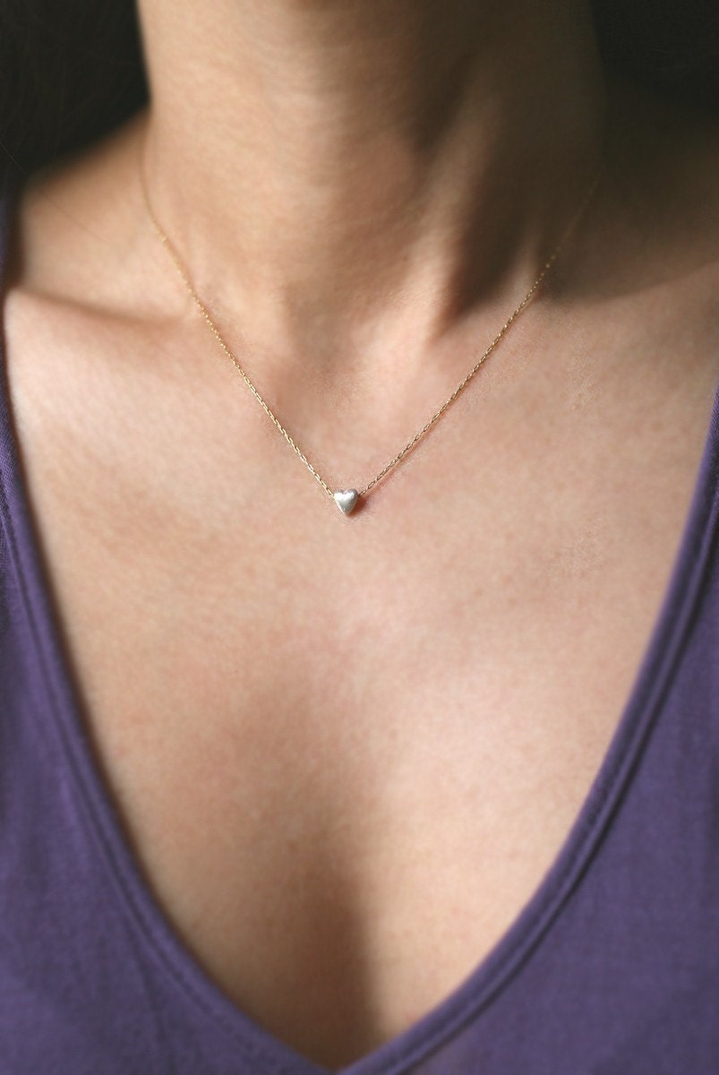 Tiny Puffy Heart Necklace in Sterling Silver with Gold Fill Chain