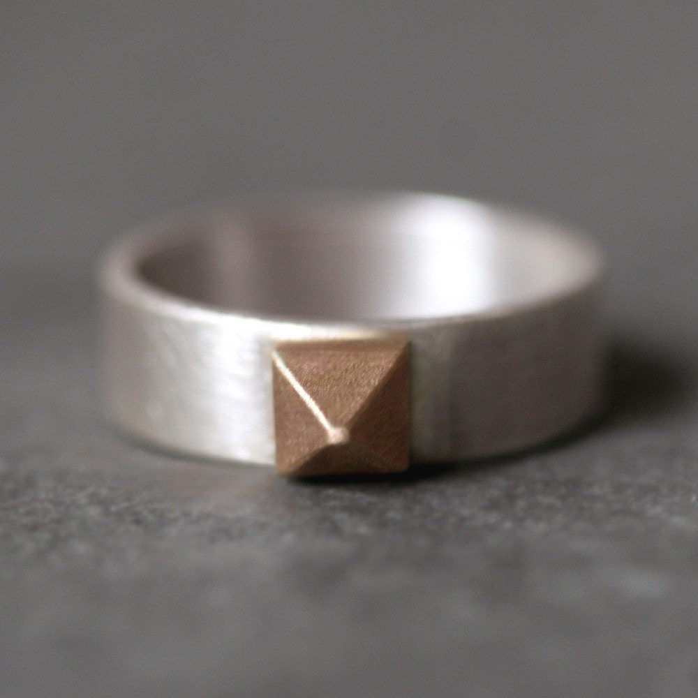 Banded Pyramid Ring in 14K Gold and Sterling Silver