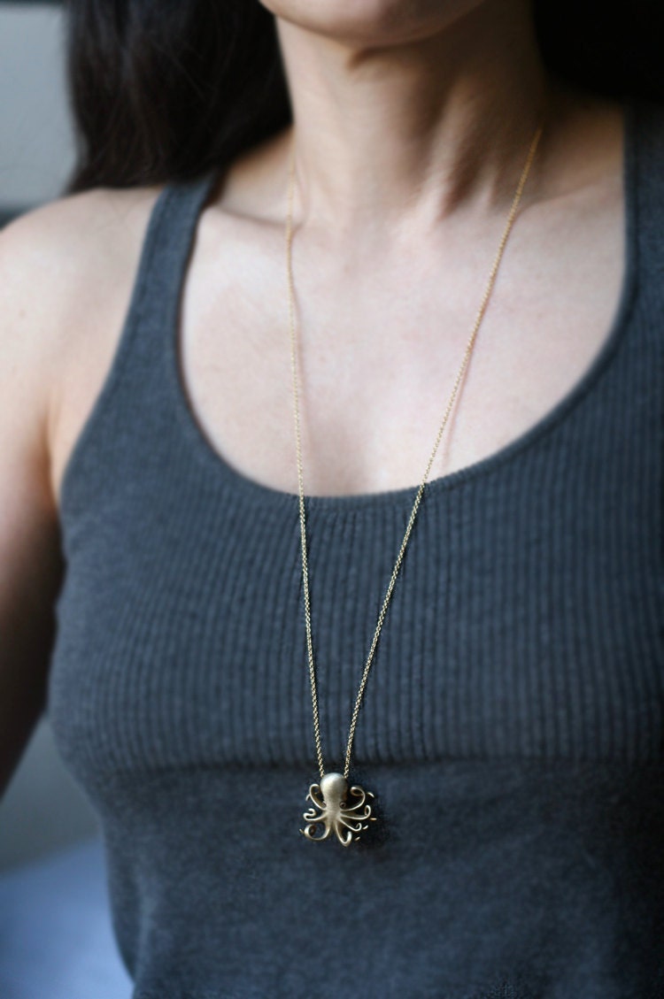 Long Baby Octopus Necklace in Brass with Rubies