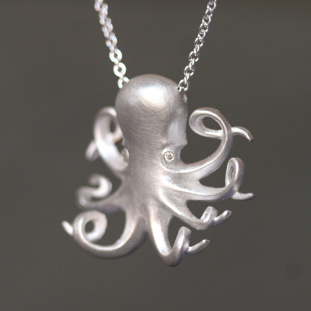 Long Baby Octopus Necklace in Sterling Silver with Diamonds