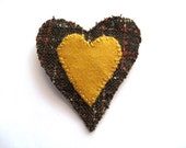 I Love Tweed -  Heart Brooch in mustard yellow and brown - Bigbluebed
