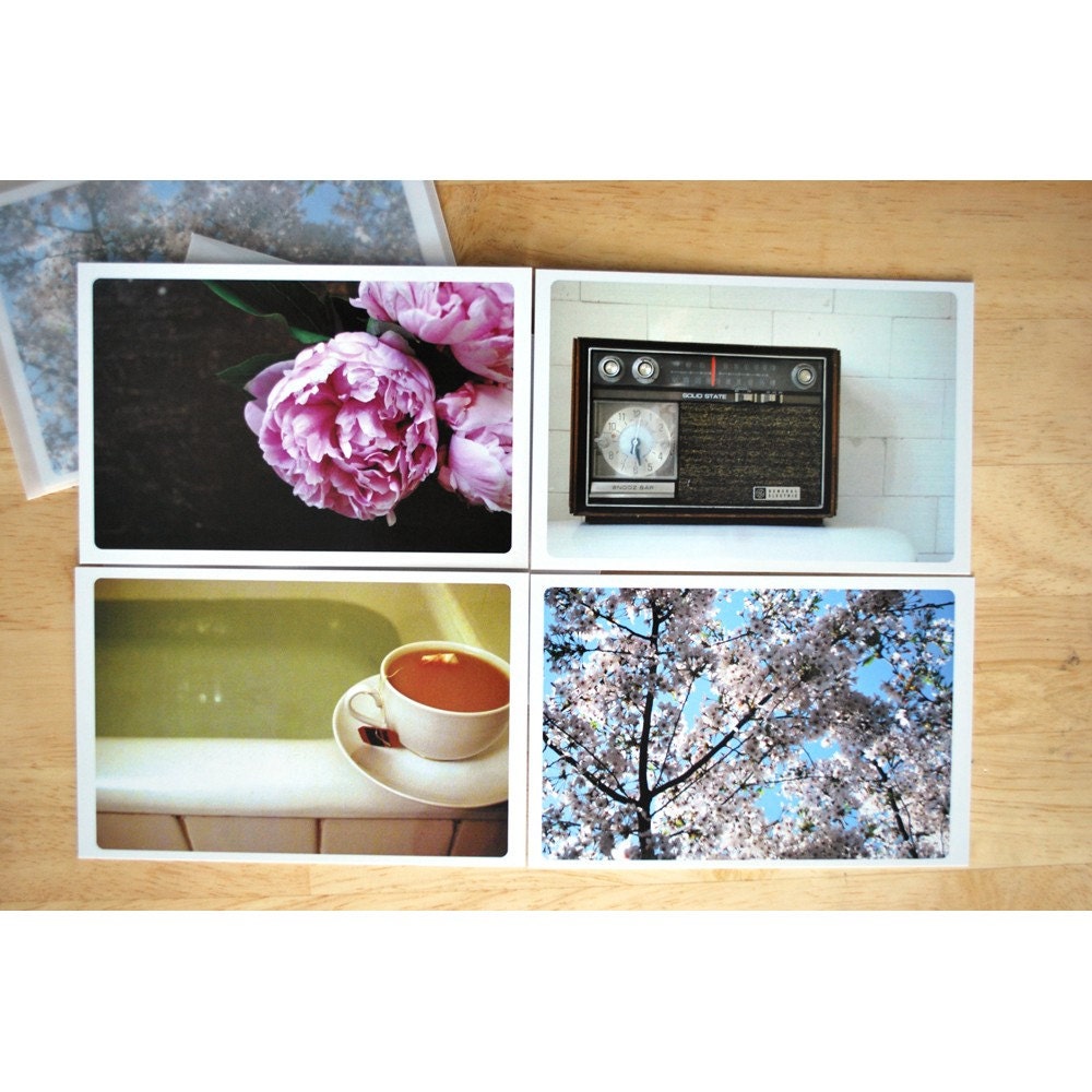 set of 4 photograph postcards - relaxing, summer themed - two floral, one tea cup near a tub, one of an old radio