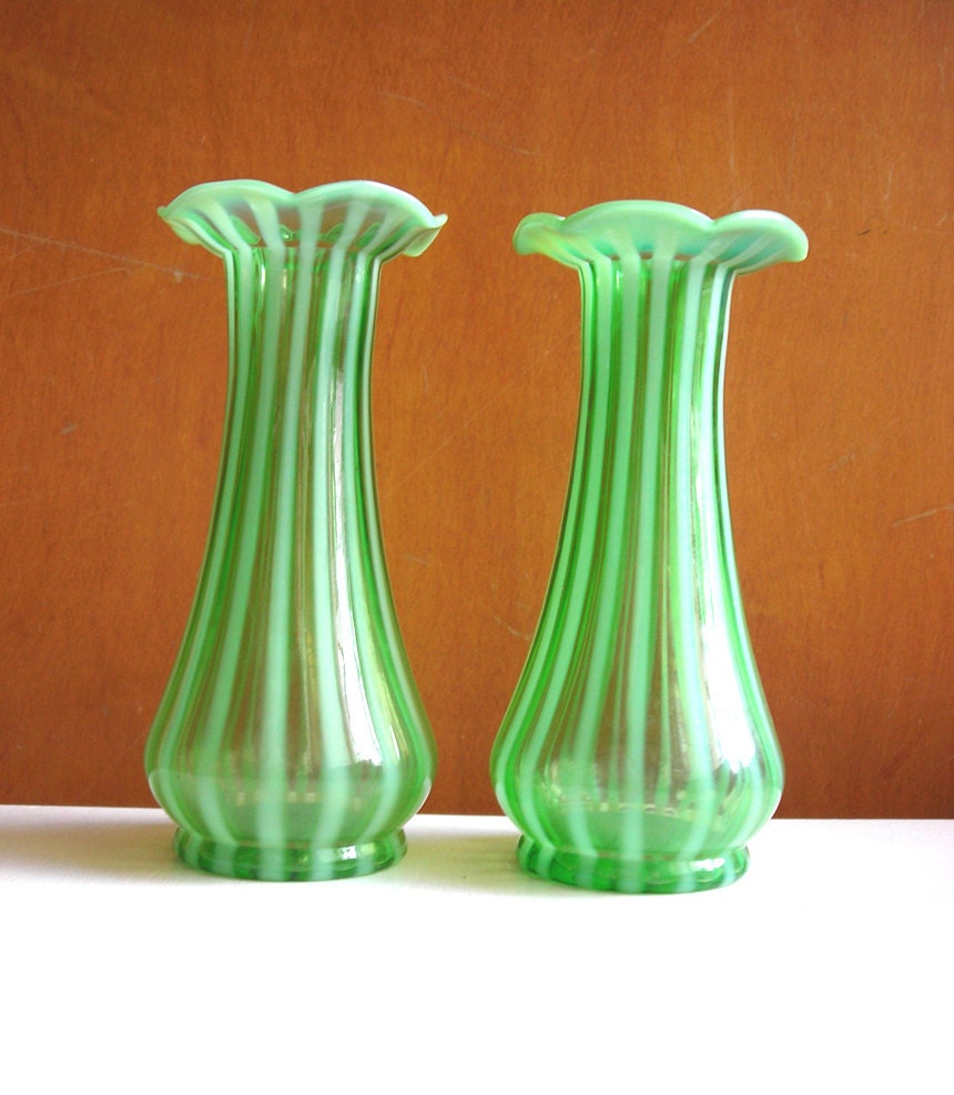 Antique Opalescent Glass Vases Jefferson Green Stripe Art