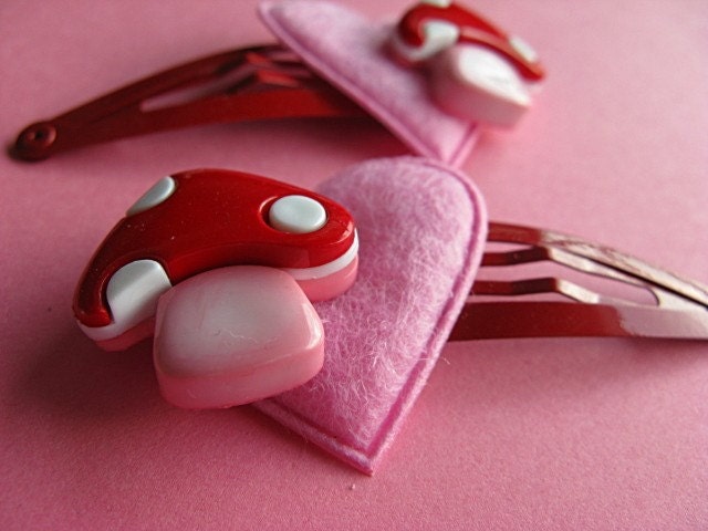 Mushroom and Felt Heart Hair Clips