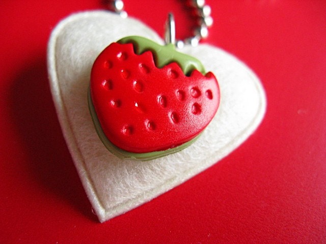 Strawberry Love Pendant - Felt Heart Necklace - Red