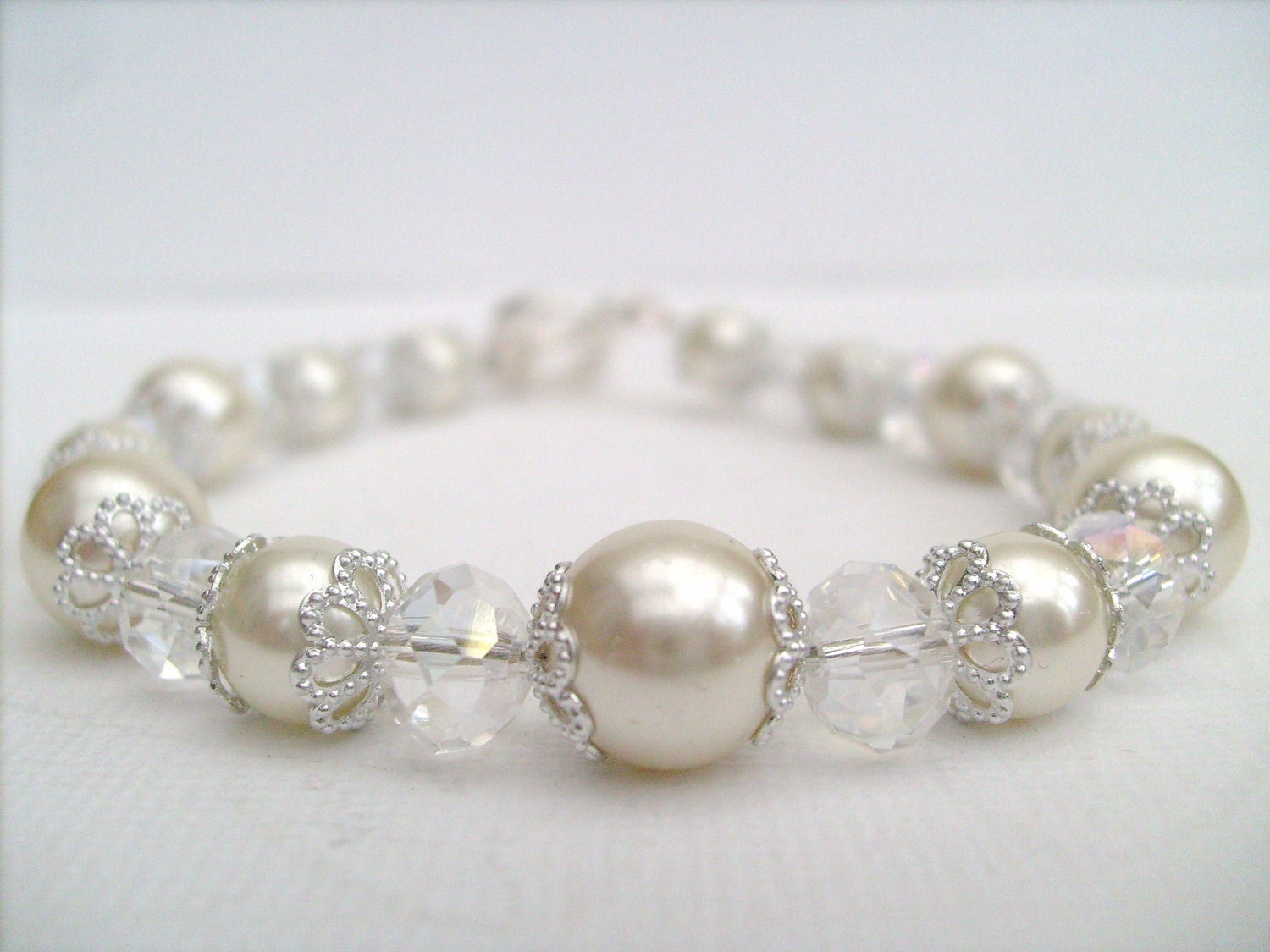 Ivory Pearl Beaded Bracelet, Bridal Jewelry, Bridesmaid Bracelet, Single Strand Bracelet, Pearl and Crystal Bracelet by Kim Smith