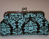 Clutch Purse/Clutch Bag/Handbag/Bridesmaid Gift Espresso Brown and Aqua Teal Damask