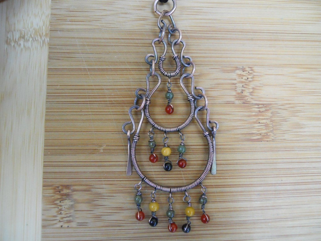 Gypsy Dangle Pendant Onyx Mookite Dragon Blood Jasper Carnelian Wire Wrapped in Oxidized Copper Wire Pendant